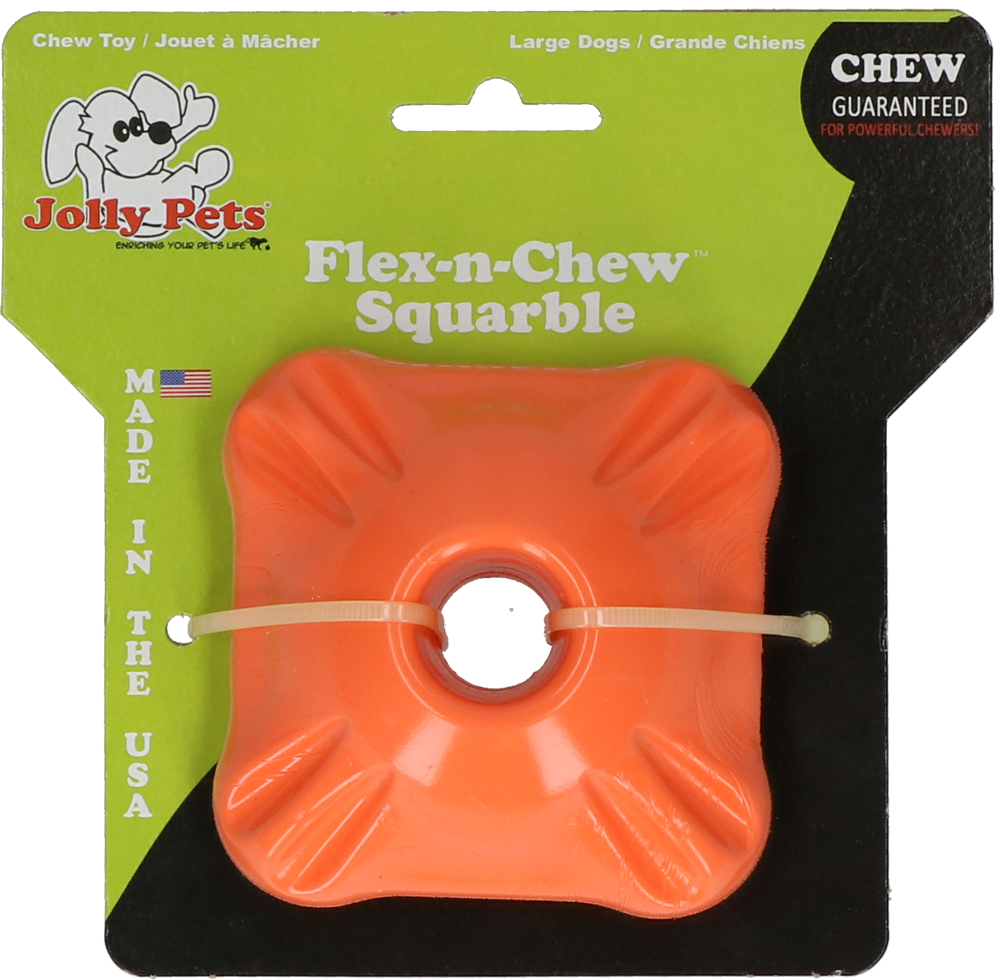 Flex-n-Chew square chew toy orange dog toy with orange reward wall