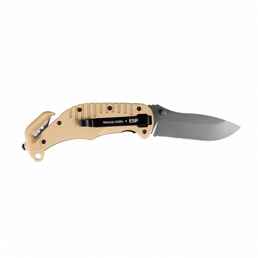 Rescue knife with semi serrated khaki blade