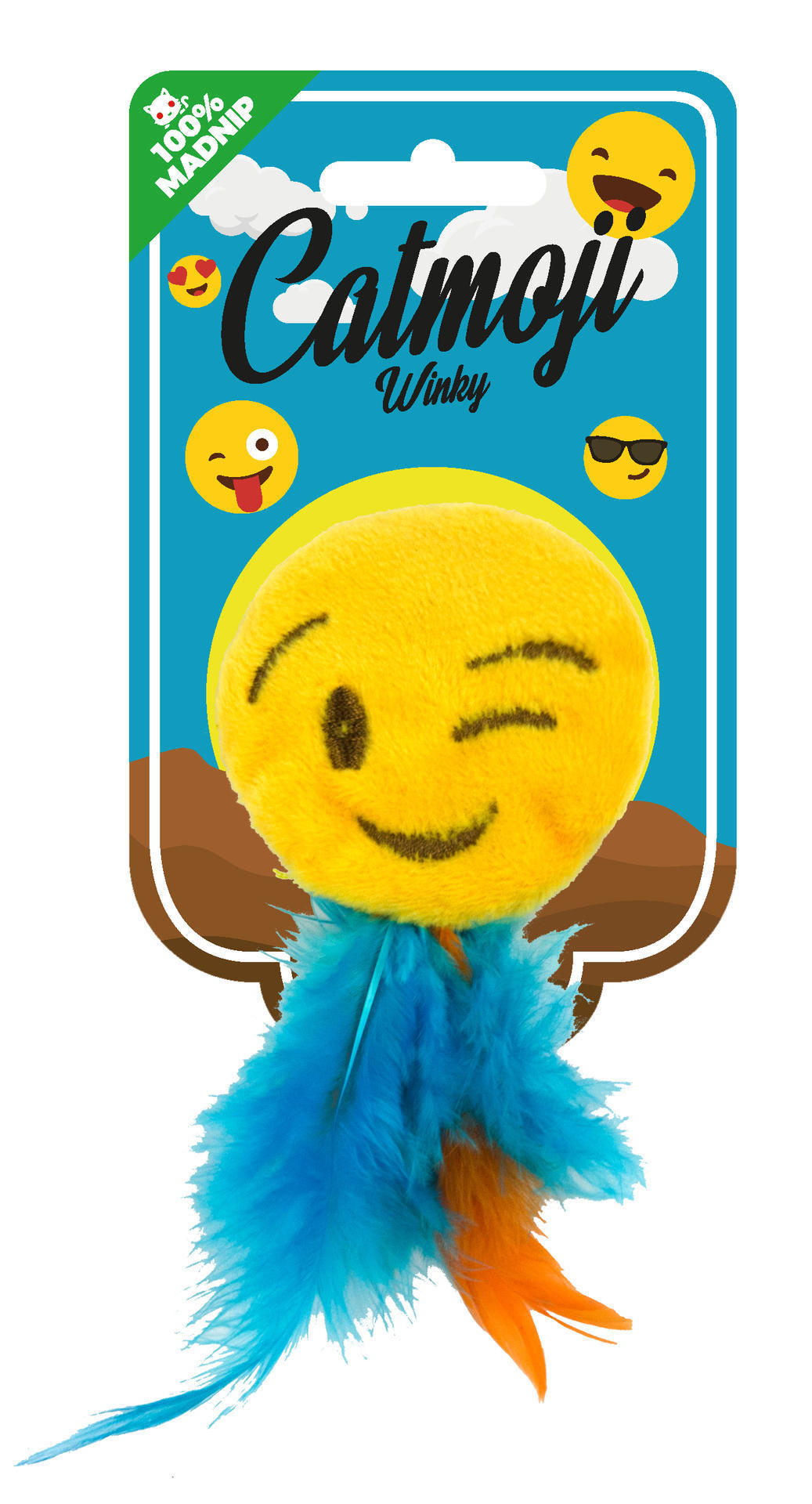 Emoji Cat Winky cat toy with feathered cat root