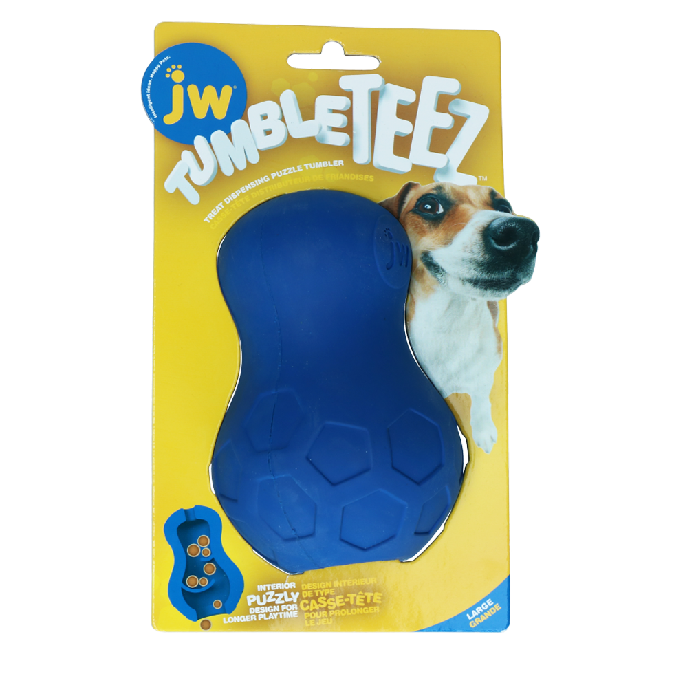 large blue dog toy fillable with reward wall