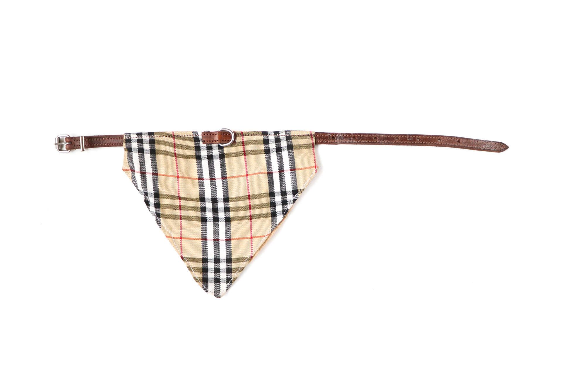 033 dog collar leather with checkered handkerchief Beige brown leather 30cm leather special collars