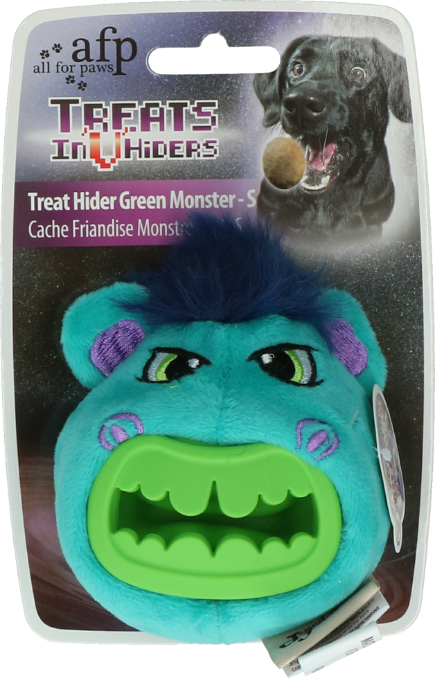 Green monster figure S dog toy with reward wall