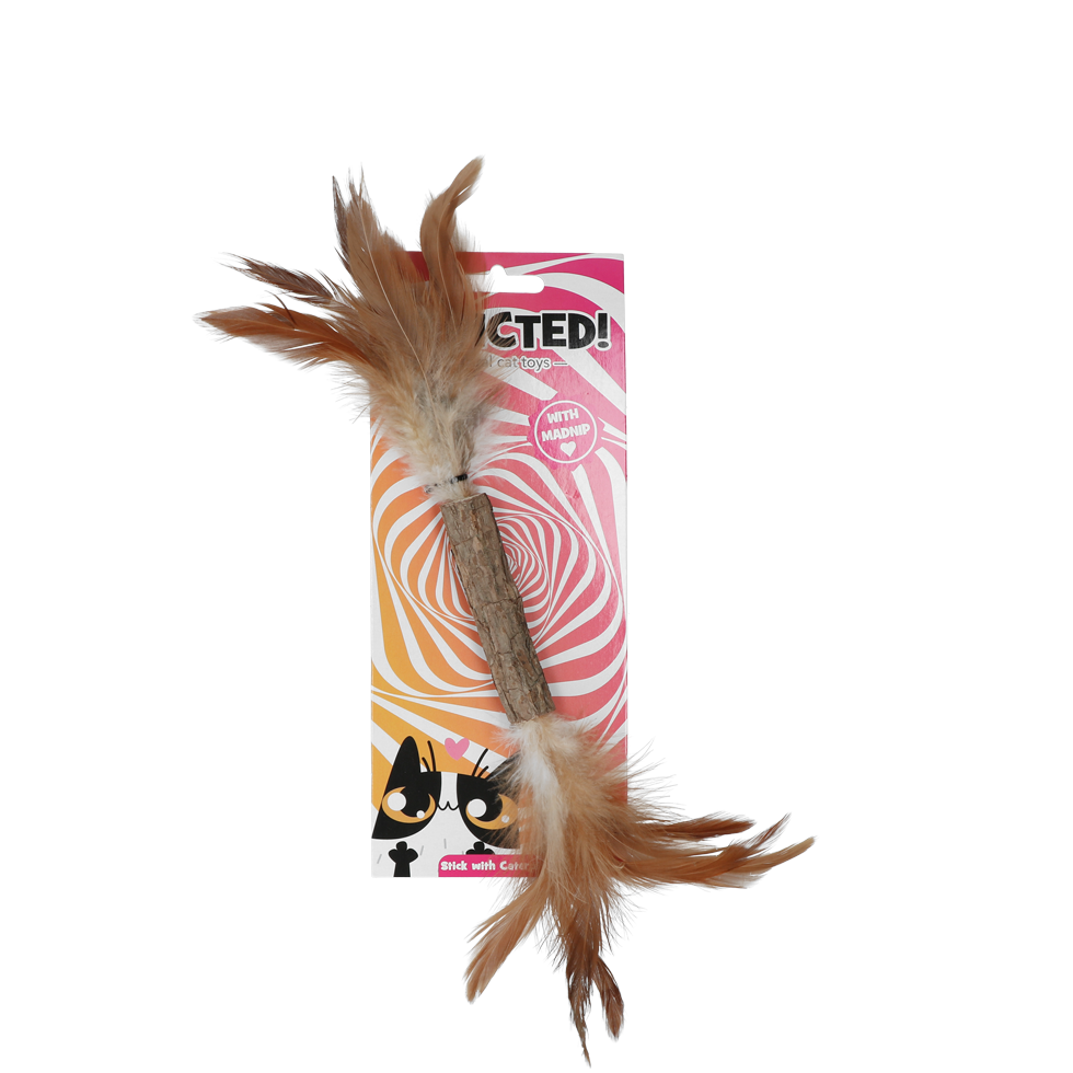 Stick with caterpillar and feathers cat toy