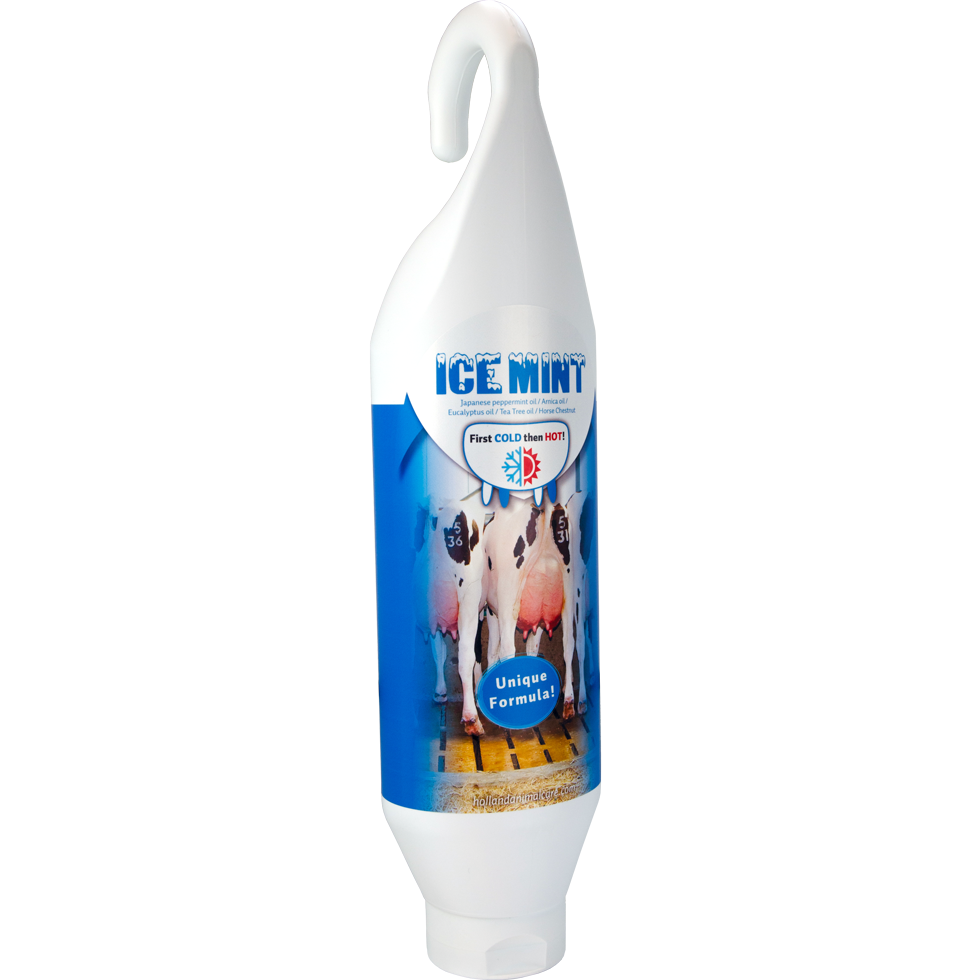 Ice Mint Gel in upright, hanging bottle, cattle udder care