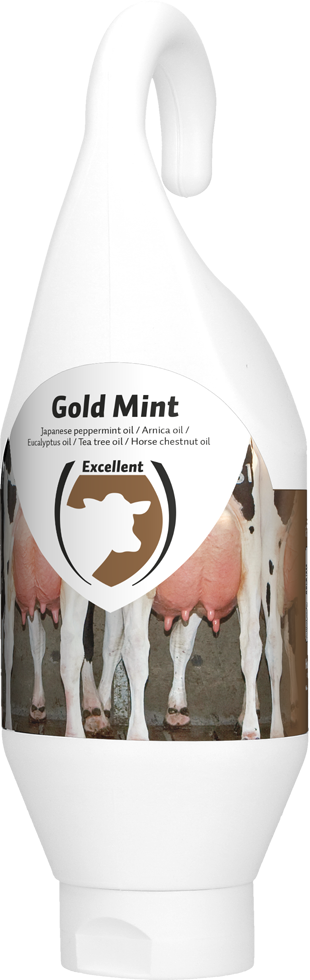Golden peppermint nutritional oil in upright, hanging jar, cattle udder care