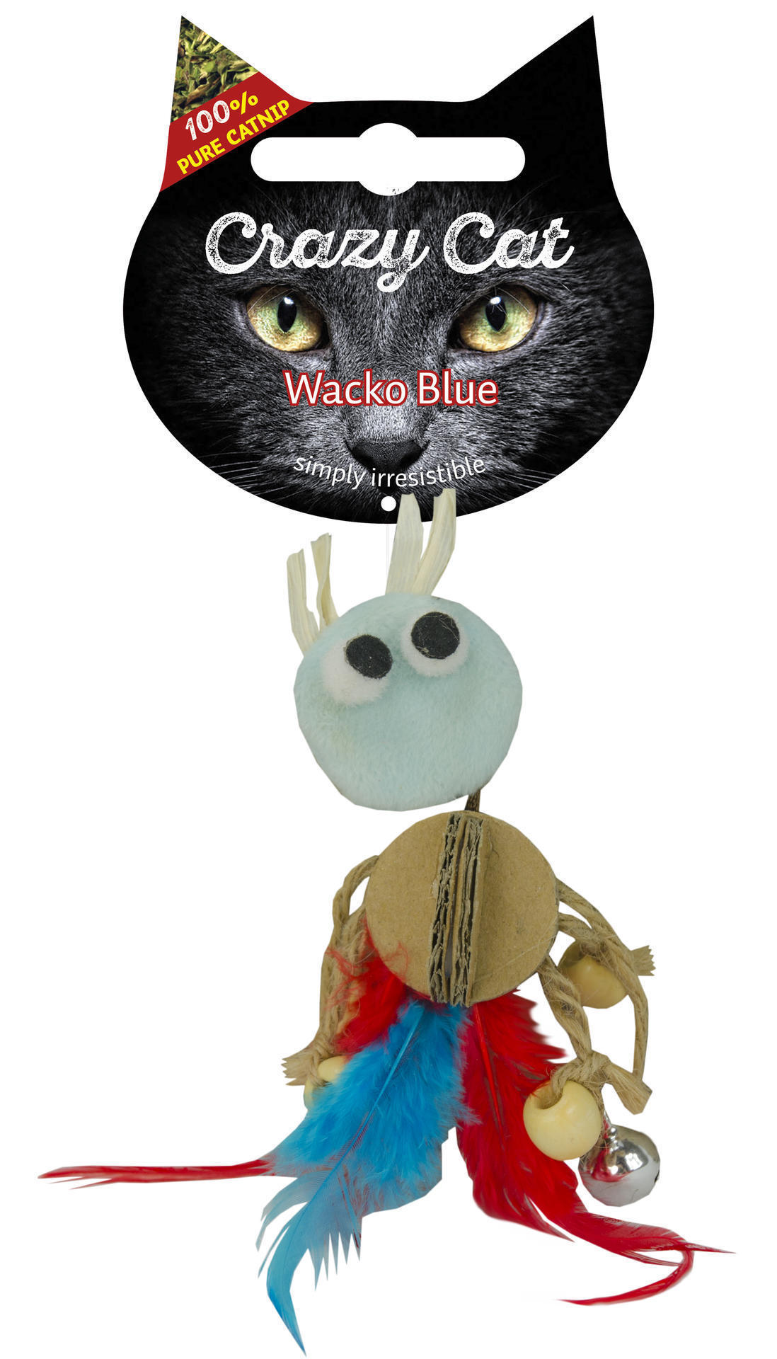 Crazy cat Wacko with light blue cat root feather cat toy