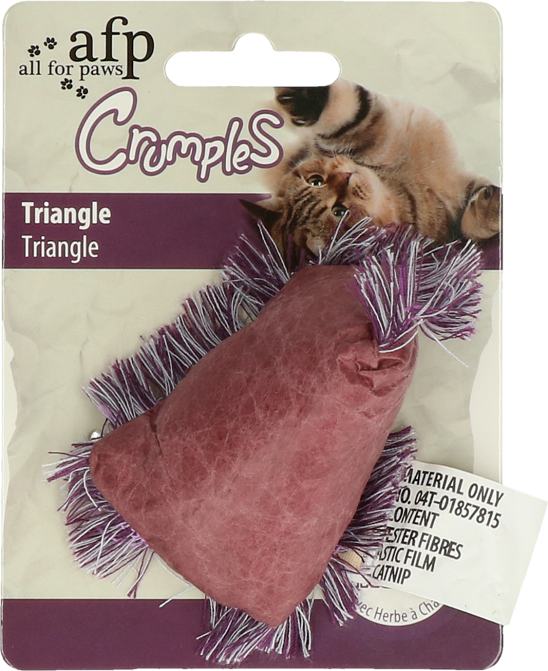 Triangle-shaped cat toy made of paper with a cat root