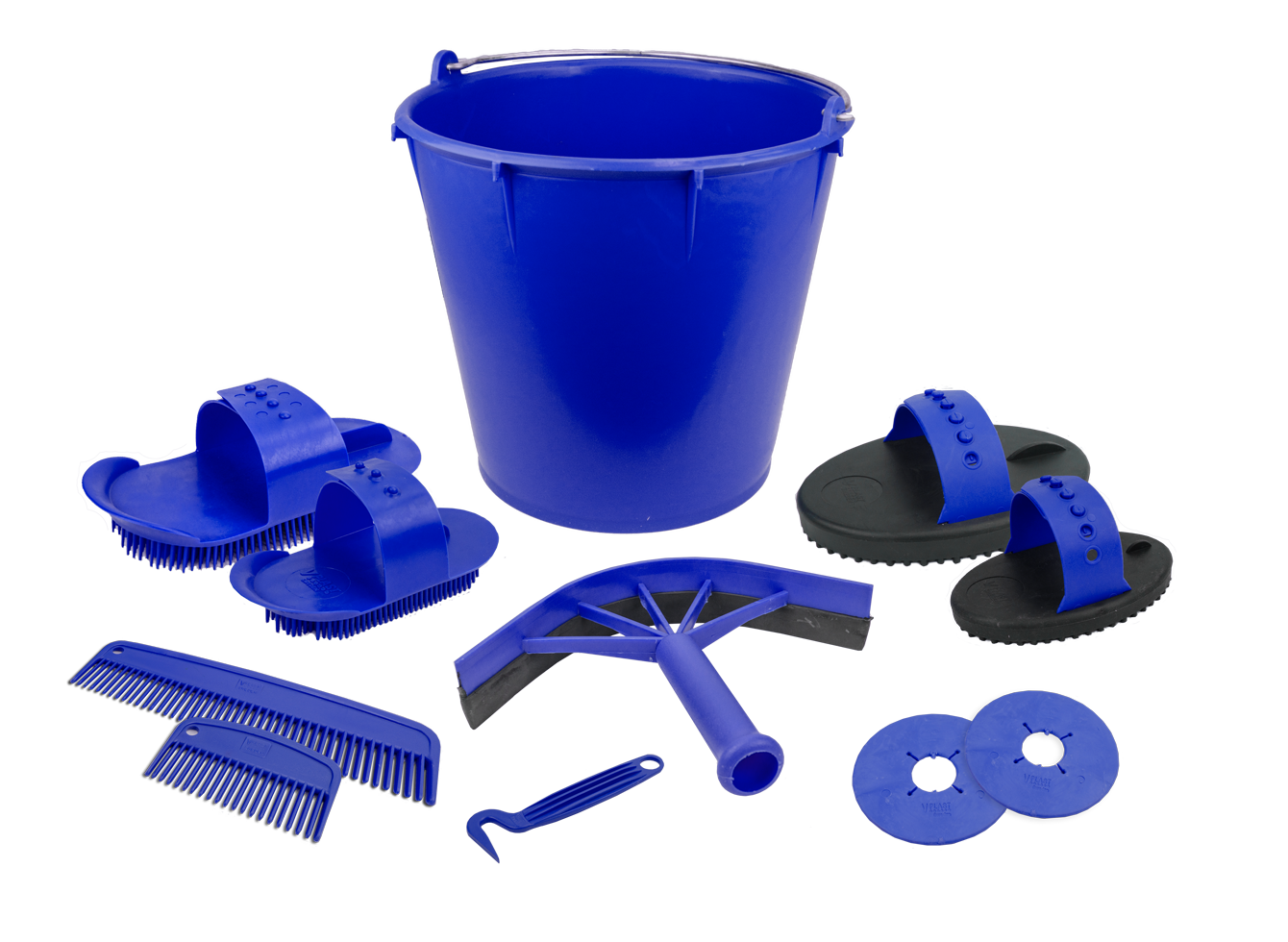 Horse care set 10 pieces in dark blue buckets