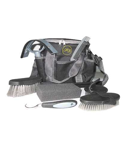 Bag filled with horse care equipment