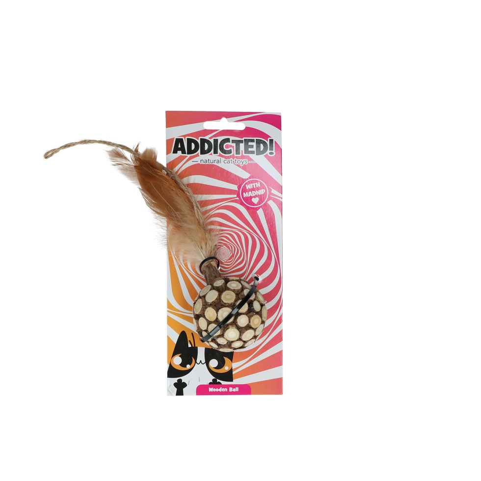 Hanging wooden ball with feather cat toy