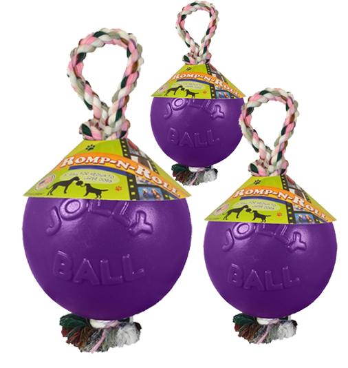 Romp-n-Roll ball with rope 10 cm purple dog toy