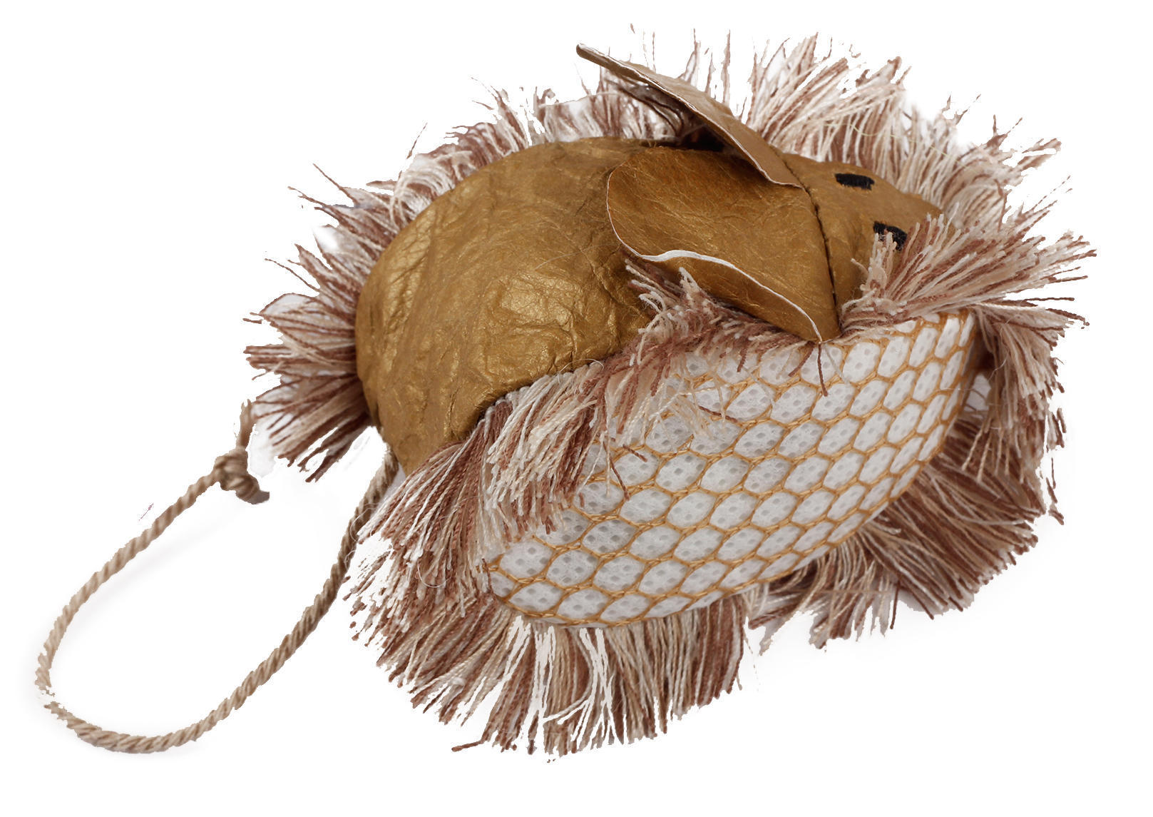 Paper cat toy in the shape of a mouse filled with crinkled paper cat balls