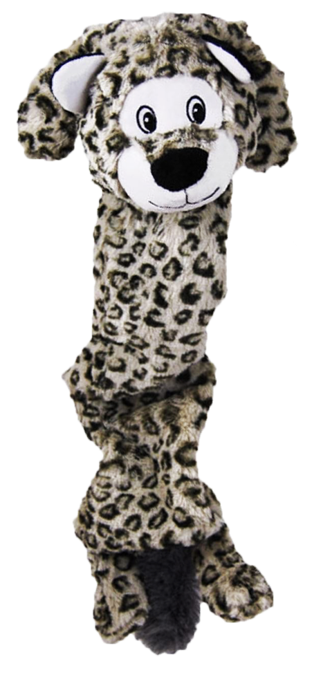large dog toy with long body made of snow leopard material