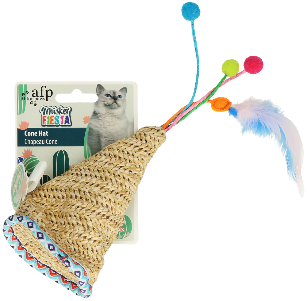 Whisker Fiesta conical hat feathered cat toy