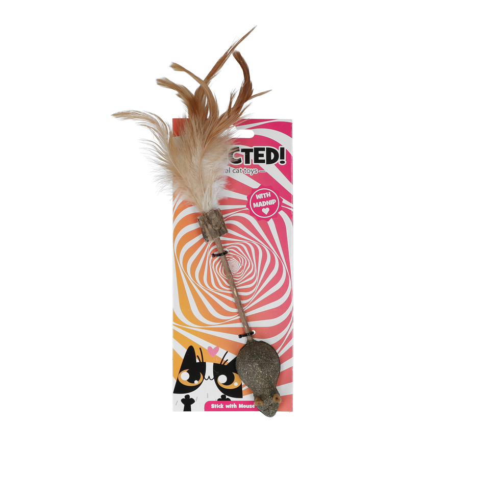 Stick with mouse and feathers cat toy