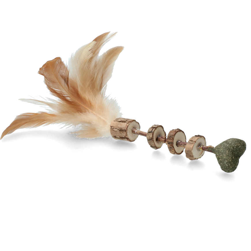 Hanging stick with heart and feather cat toy