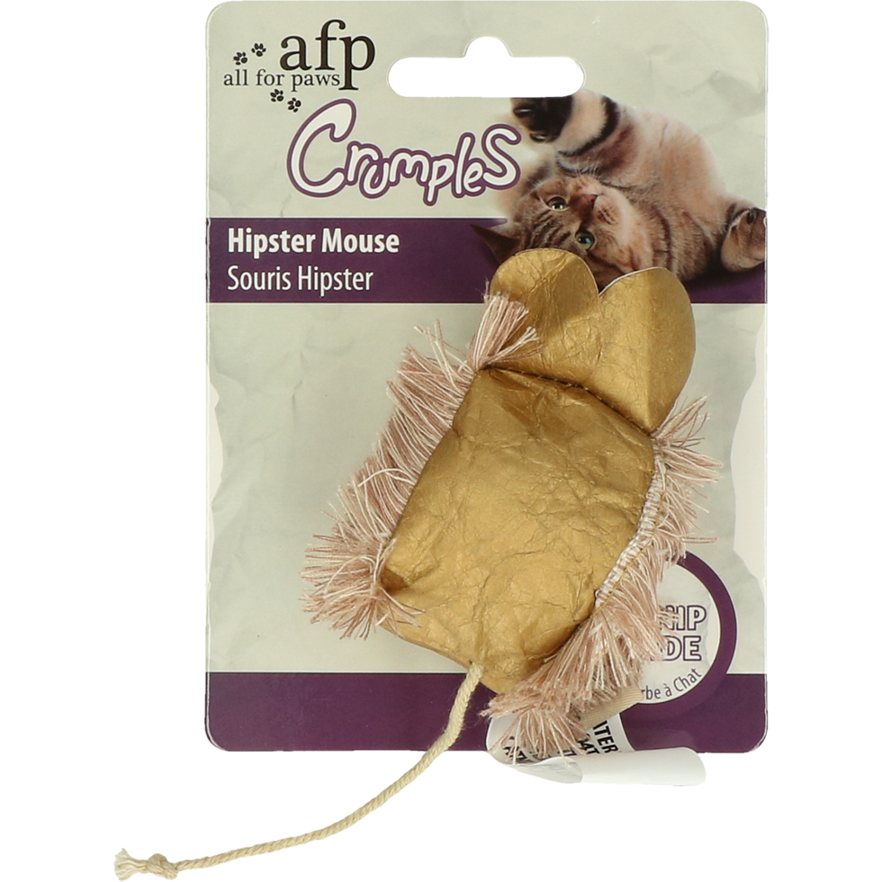 Paper cat toy in the shape of a mouse filled with crinkled paper cat balls