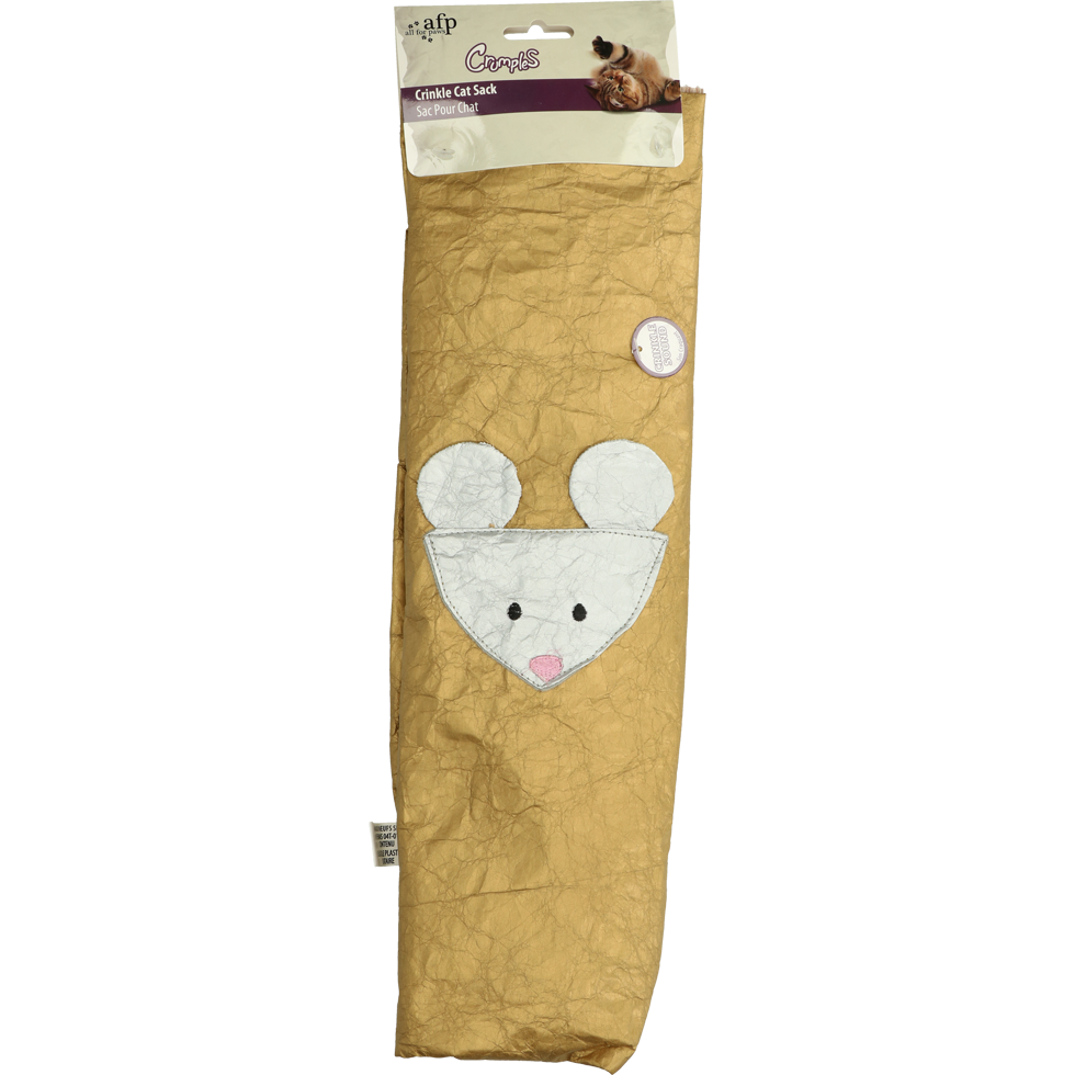 Gold coloured knitted cat bag, cat toy