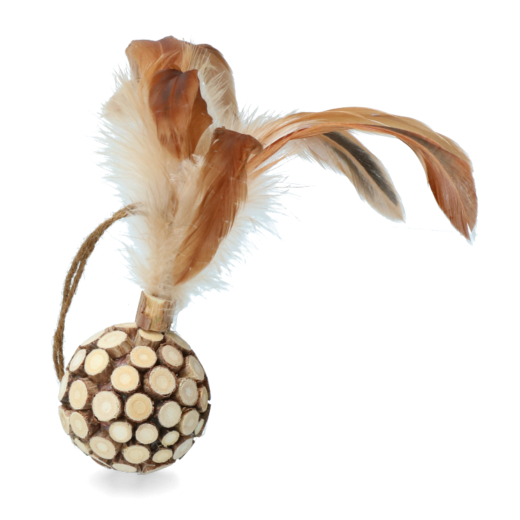 Hanging wooden ball with feather cat toy