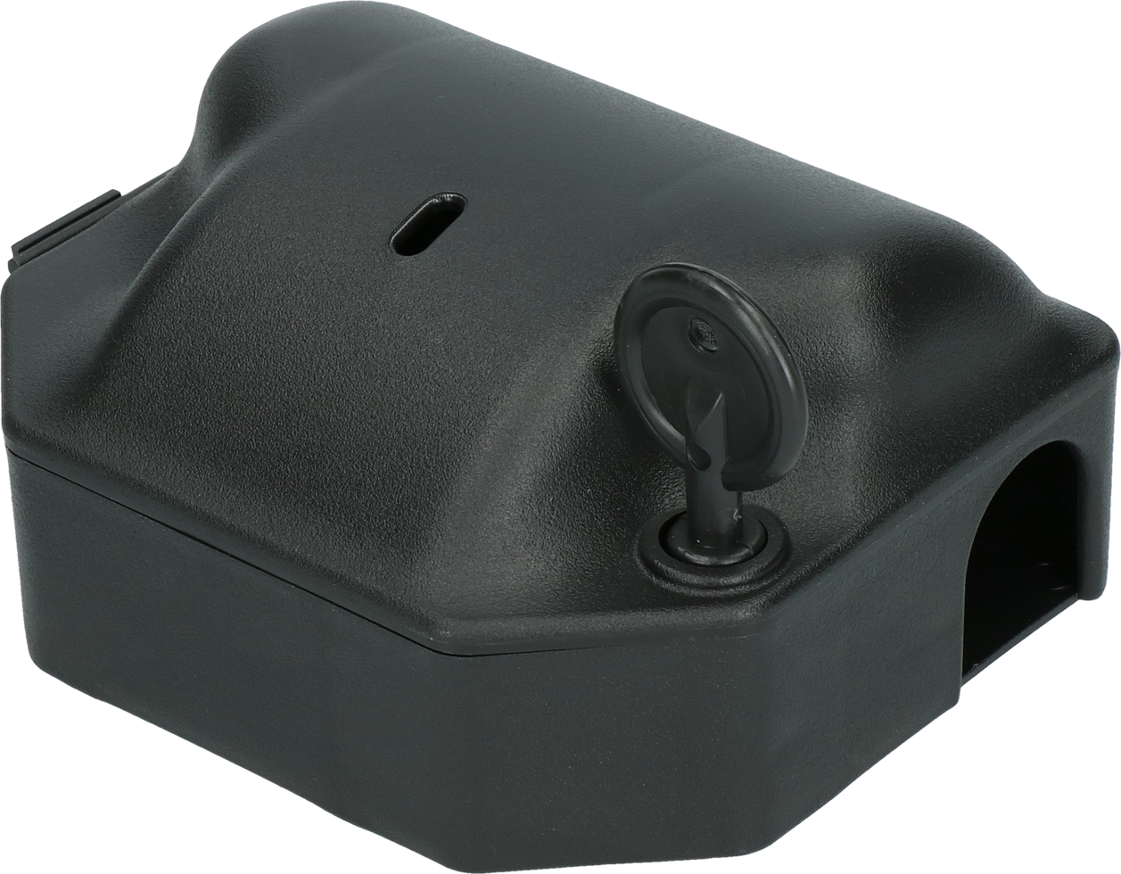 Mousetrap bait station with key for barn livestock pest control traps