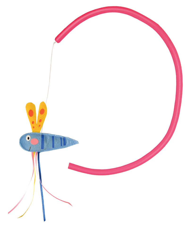 Cat ties the Benderz Teaser dragonfly cat toy
