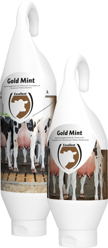 Golden peppermint nutritional oil in upright, hanging jar, cattle udder care
